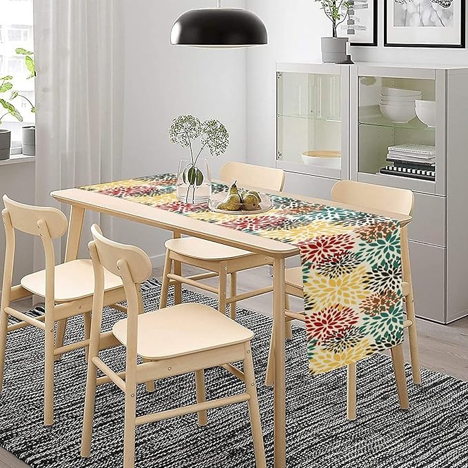 Green Red Dahlia Flower Table Runner Chrysanthemum Geometric Kitchen Dining Bedroom Living Room Table Decor for Indoor Outdoor Home Party, 13x60 Inch