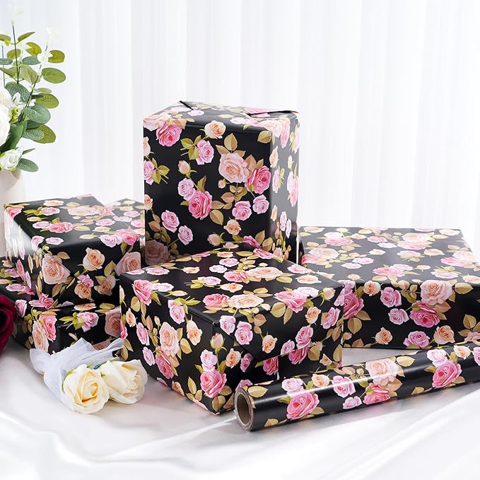 Ulmasinn Floral Wrapping Paper Roll - 17 Inches x 33 Feet - Vintage Romantic Pink Rose Flower Gift Wrap with Cut Lines for Wedding, Birthday, Bridal Shower, Mother’s Day