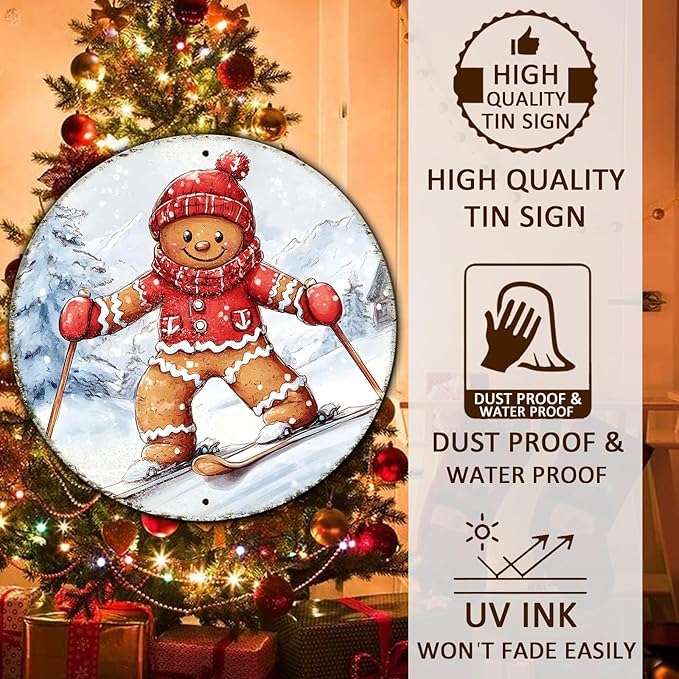 Round Gingerbread Man Ski Vintage Metal Sign Skiing Sign, Office Sign Home Décor Ski Lodge Décor Cabin Tin Sign 12 * 12 in