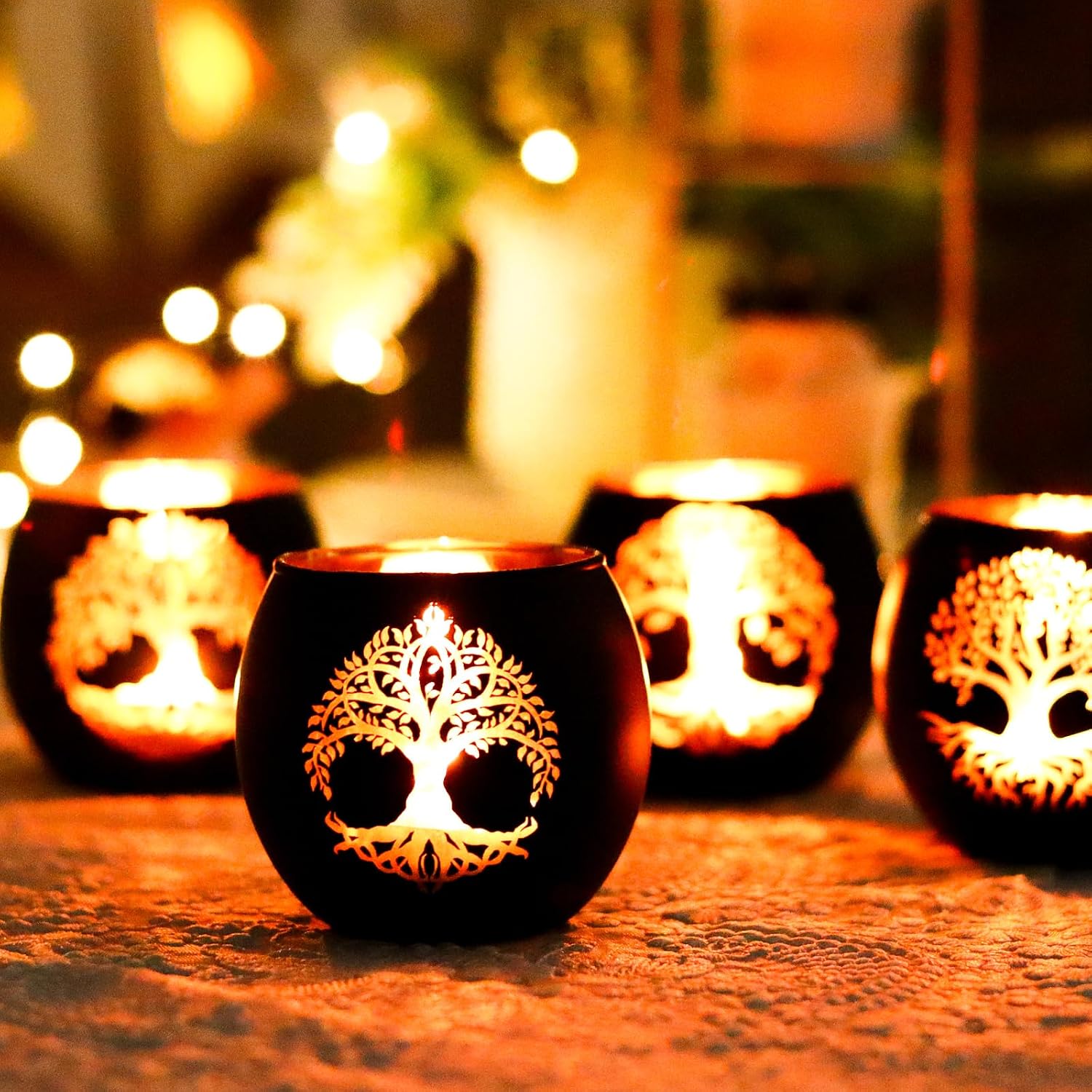 SHMILMH Black Gold Votive Candle Holders 6 PCS Tree of Life Glass Tealight Candle Holders Wedding Decorations for Reception, Birthday Party, Baby Shower, Bridal Shower Table Centerpiece Decor
