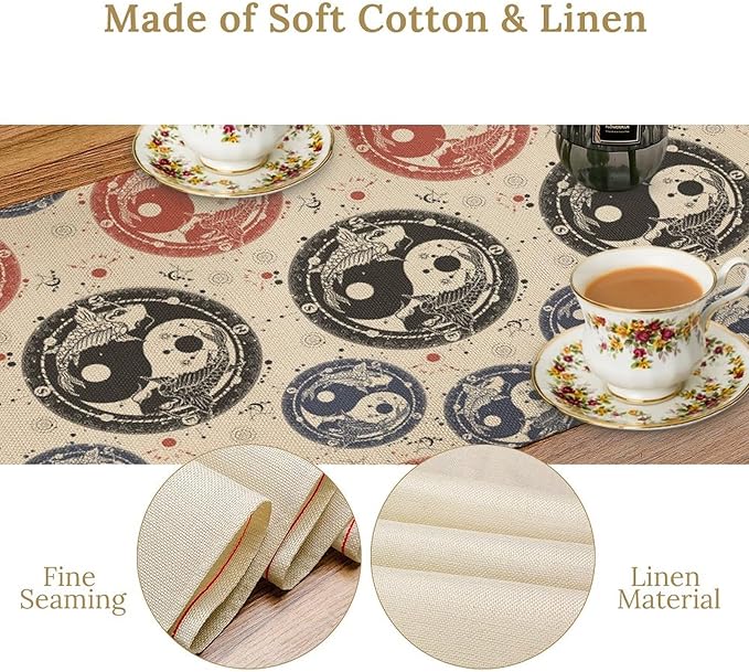 Yin Yang Table Runner, Vintage Mid Century Traditional Oriental Koi Fish Mystical Celestial Moon Stars Print Table Runner for Kitchen Dining Table Party Decor, 13x36inch