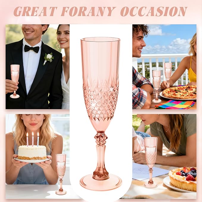 Plastic Champagne Flutes, 24PCS Rose Gold Wine Glasses Goblets Cups Reusable Flute, for Weddings Bachelor Parties Toasting and Events(24, Rose Gold)
