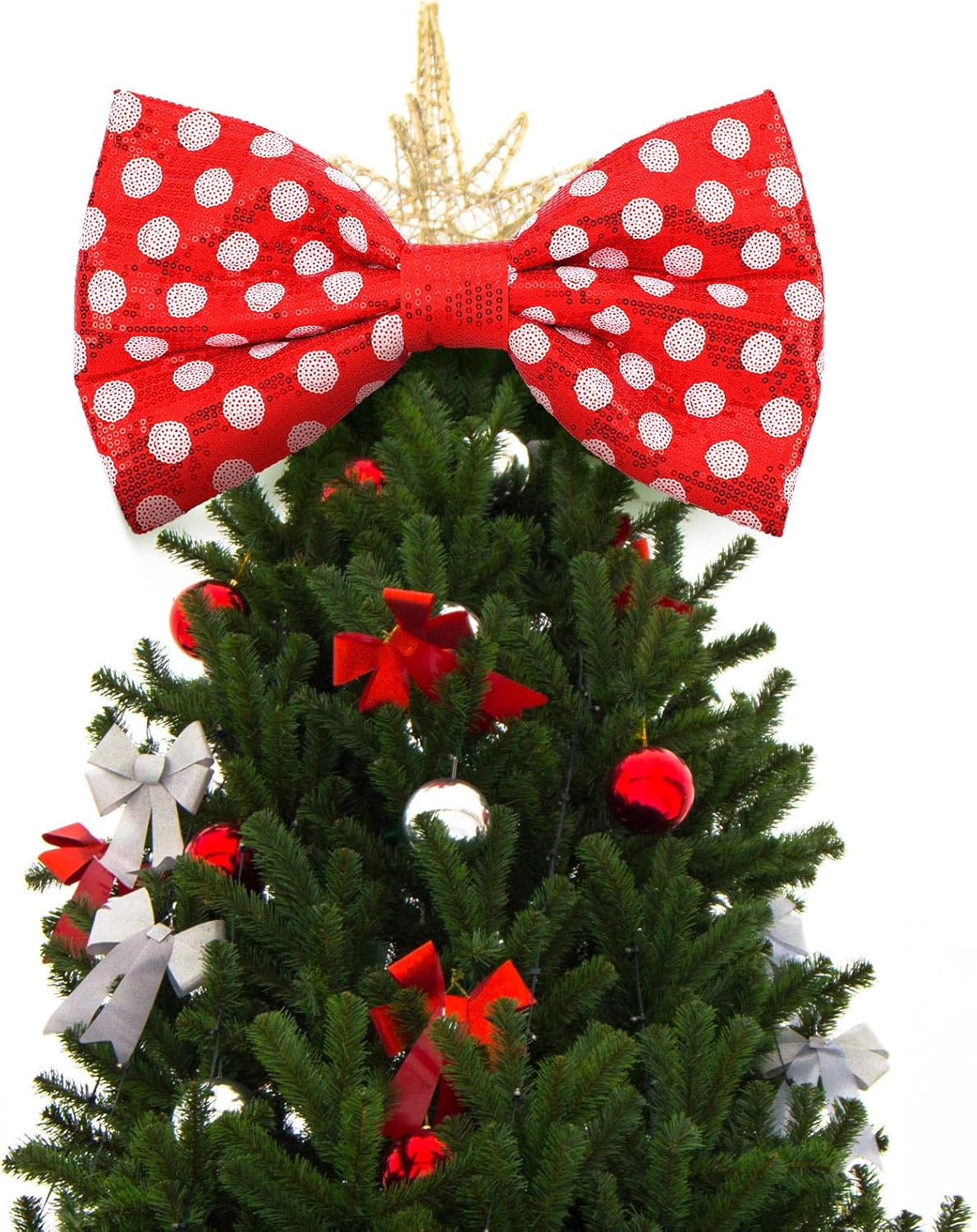 Suncalla Red and White Christmas Tree Topper Bow Tree Topper 14x8'' Large Red and White Polka-dot Sequin Bow for Indoor Outdoor Christmas Decoration Xmas Party Favors Holiday Treetop Decoration