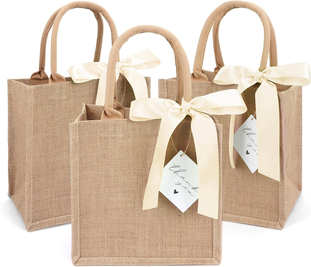 6 Pack Burlap Tote Bags with Handles Reusable Small Jute Gift Bags with Light Beige Silk Ribbons Waterproof Lining for Wedding Bridesmaid Mother's Day Bachelorette Beach Party