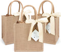 6 Pack Burlap Tote Bags with Handles Reusable Small Jute Gift Bags with Light Beige Silk Ribbons Waterproof Lining for Wedding Bridesmaid Mother's Day Bachelorette Beach Party