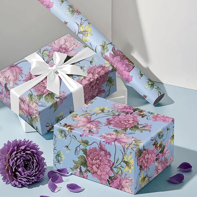 WRAPAHOLIC Kraft Floral Wrapping Paper Roll - Mini Roll - 17 Inch x 16.5 Feet - Vintage Flower Wrapping Paper Perfect for Wedding, Birthday, Bridal Shower, Tea Party