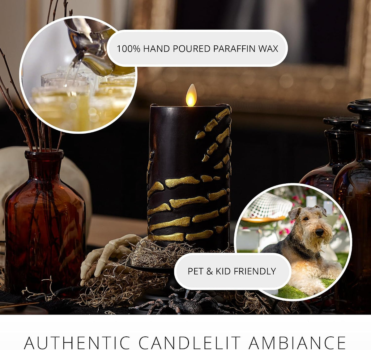 Luminara Skeleton Hands Flameless LED Candle, Black & Gold 3" x 6.5&...