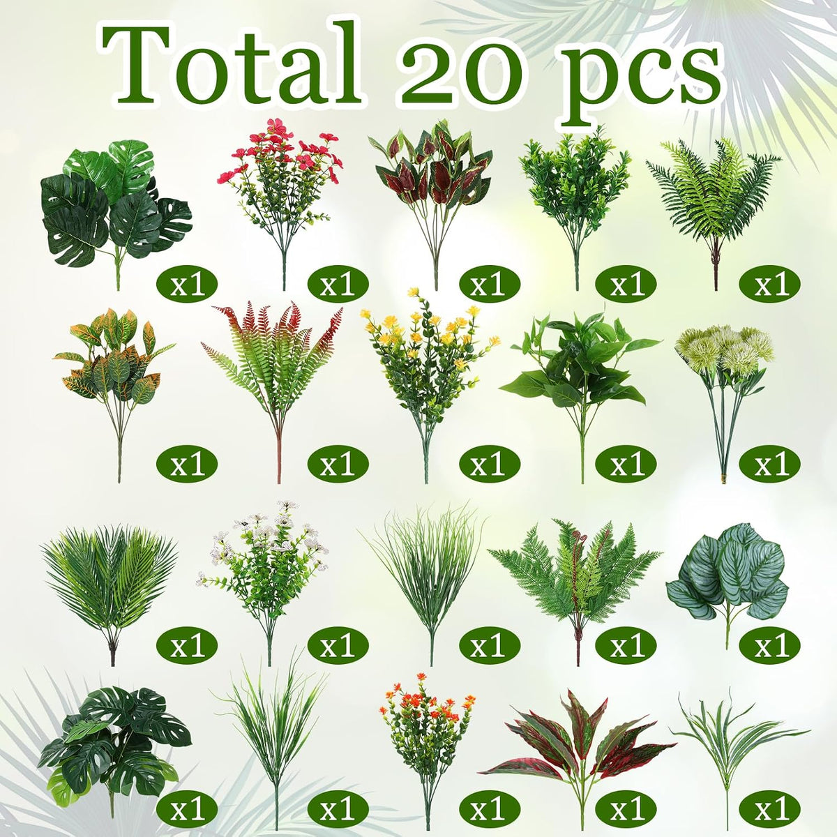 Suncalla 20 Pcs Artificial Plants Outdoor, Faux Tropical Plants Mixed Greener...