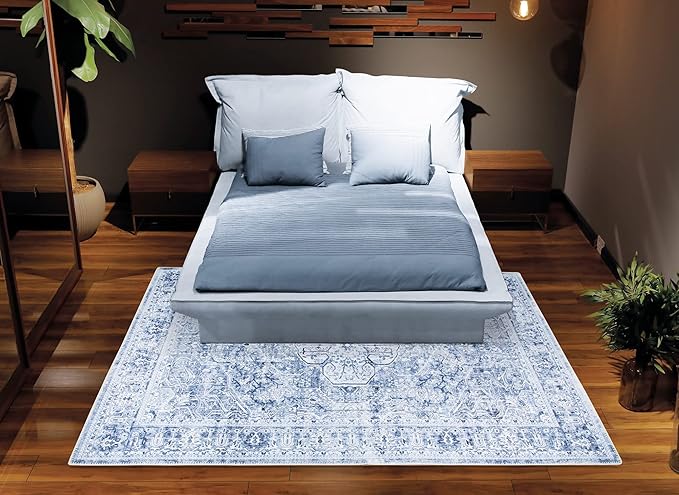 Bloom Rugs Washable Non-Slip 6' x 9' Rug - Ivory/Denim Blue Traditional Medallion Area Rug for Living Room, Bedroom, Dining Room, and Kitchen - Exact Size: 6' x 9'