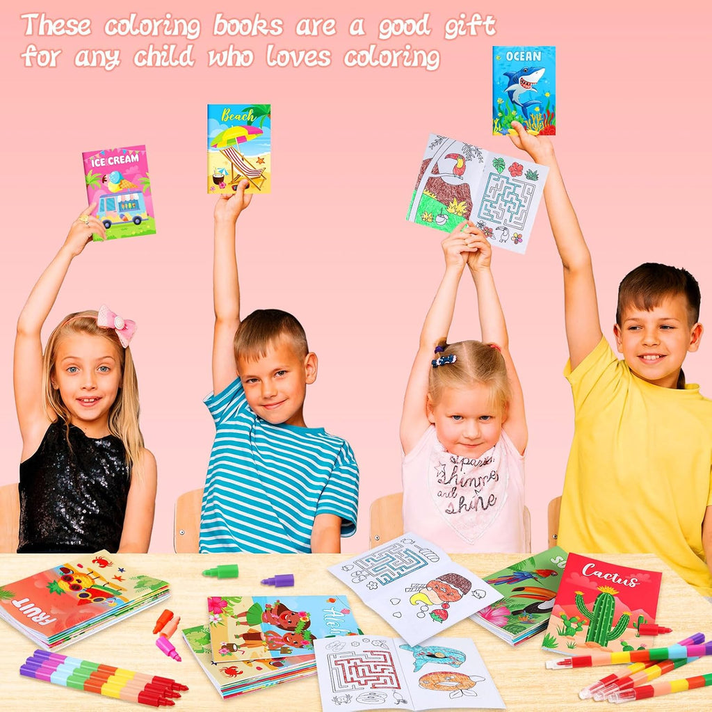 BenLouis 12 Summer Mini Coloring Books Kids with 12 Stacking Crayons Pool Beach Party Favors Small Activity Books Bulk for Kids Summer Birthday Party Gift Goodie Bag Stuffers