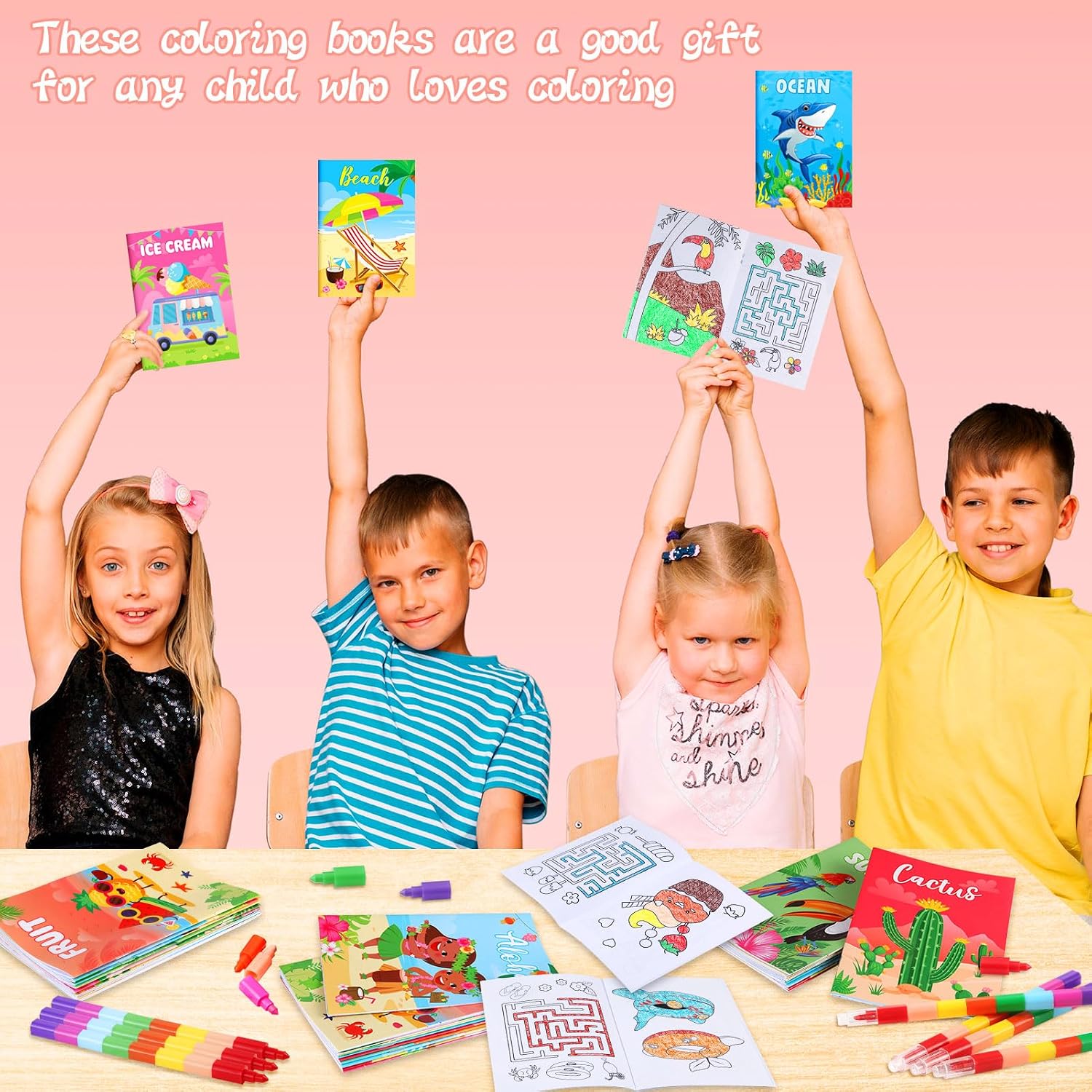 BenLouis 12 Summer Mini Coloring Books Kids with 12 Stacking Crayons Pool Beach Party Favors Small Activity Books Bulk for Kids Summer Birthday Party Gift Goodie Bag Stuffers