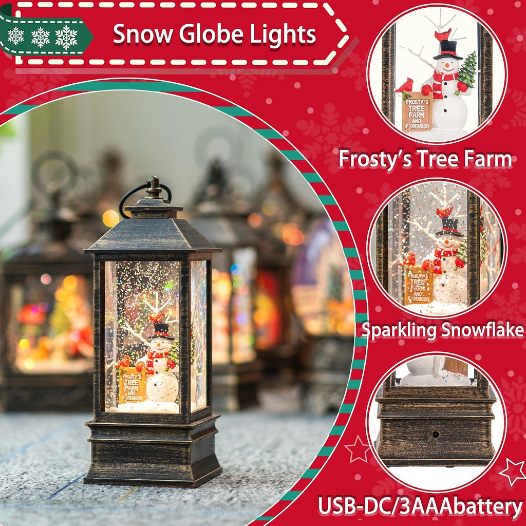 christmas snow globe lantern, snowman & red cardinal, close-up detail