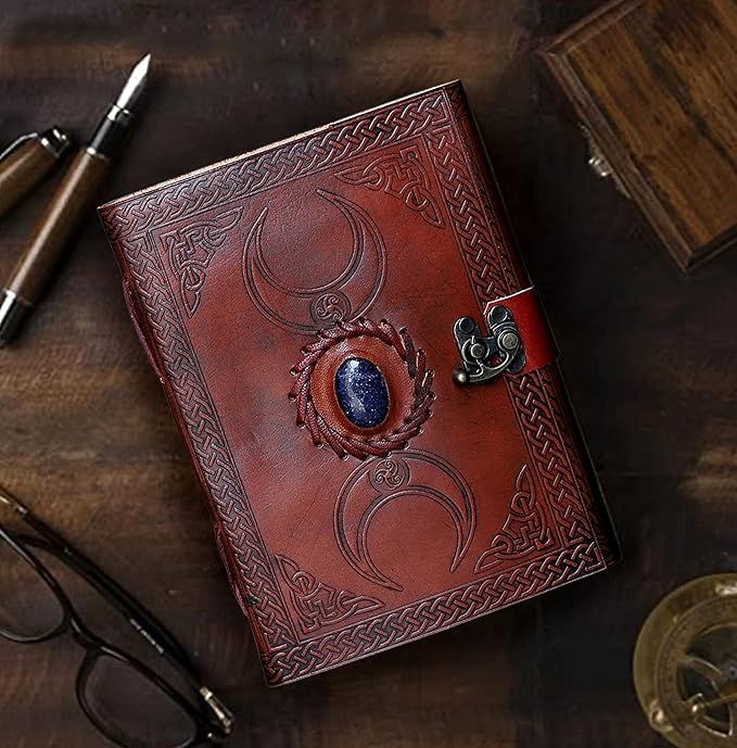 cuero 3 Moon Blue Lapiz Embossed Vintage Leather Journal for Men & Women - 128 Pages, Antique Handmade Deckle Edge Vintage Paper, Leather Journal Writing Notebook Dairy Gift (5 inch by 7 inch, Brown)