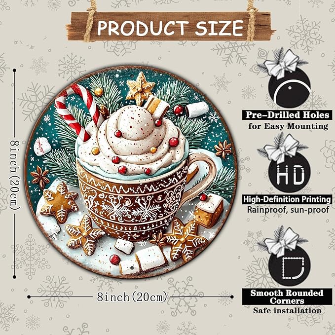 Round Christmas Signs Hot Cocoa Bar Metal Tin Sign Christmas Decor For Home Vintage Christmas Coffee Cocoa Tin Sign Hot Chocolate Bar Sign 8 * 8 in