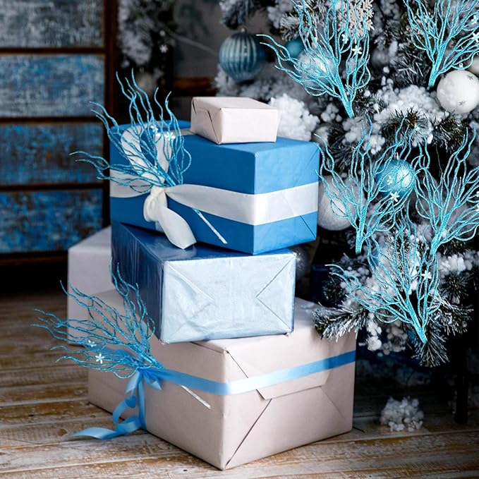 8 Pcs Blue Coastal Ornaments for Christmas Tree Artificial 15.7inch Glitter Coastal Ocean Branch Artificial Flowers Christmas Tree Filler Twigs Plants Xmas Ornaments for Vase Gift Wreath