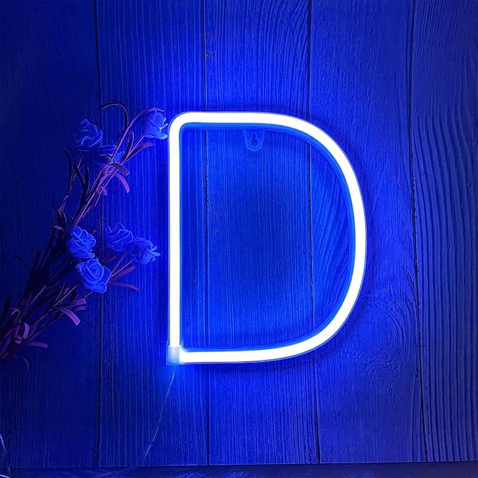 ENUOLI LED Blue Neon Letter Signs Night Light Battery or USB Operated LED Marquee Letters Neon Art Decorative Lights Wall Decor for Children Baby Room Christmas Wedding Party Decoration(D)