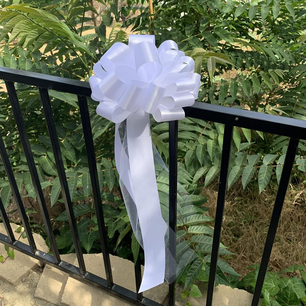 Large White Wedding Pull Bows with Long Tulle Tails - 9" Wide, Set of 6, 4th of July, America 250 Anniversary, Wedding Pew Bows, Mother's Day, Aisle Decor, Reception, Wreath, Anniversary, Graduation