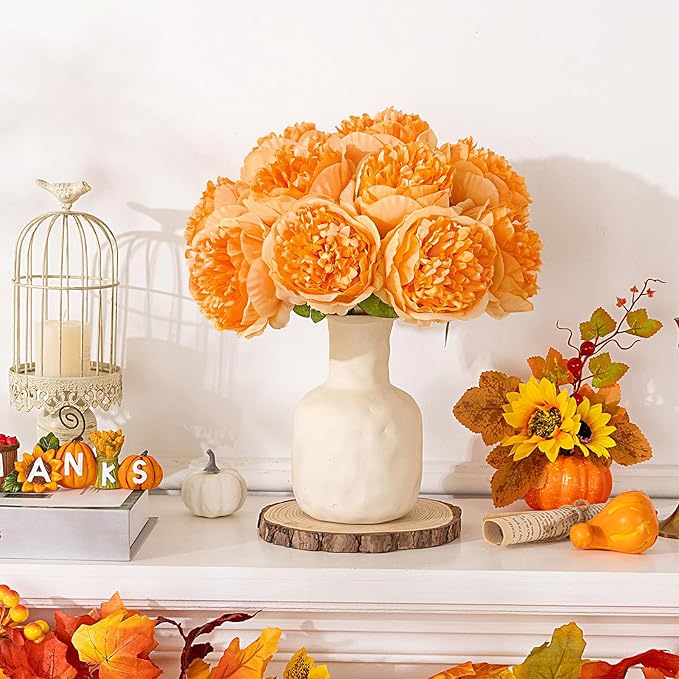 U'Artlines Artificial Peony Silk Flower with Stems 10pcs Real Look Vintage Peonies for Home Wedding Decoration (Orange)