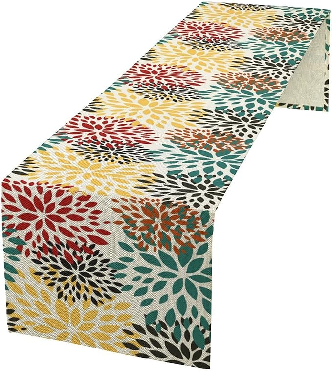 Green Red Dahlia Flower Table Runner Chrysanthemum Geometric Kitchen Dining Bedroom Living Room Table Decor for Indoor Outdoor Home Party, 13x60 Inch