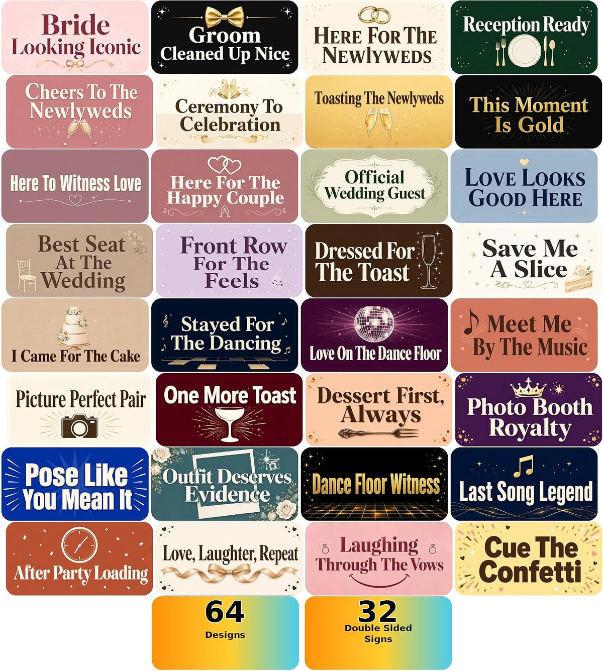 64 Designs Wedding Photo Booth Props, 32 Double-Sided Selfie Signs