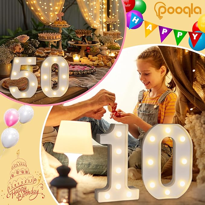 Pooqla Decorative Led Light Up Number Letters, White Plastic Marquee Number Lights Sign for 60th Birthday Party Wedding Decor Battery Operated Number (60)