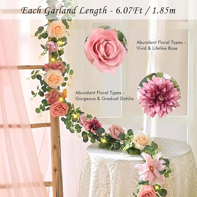 Waipfaru Artificial Flower Garland with Lights, 6.07Ft Lighted Eucalyptus Greenery Garland, Pink Rose Floral Vines for Wedding Table Runner Centerpieces Backdrop Decor