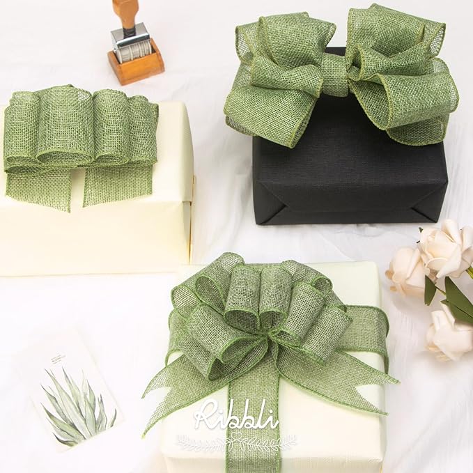 Ribbli Spring Moss/Sage Green Burlap Wired Ribbon,1-1/2 Inch x 10 Yard, Wired Edge Ribbon for Big Bow,Wreath,Tree Decoration,Outdoor Decoration