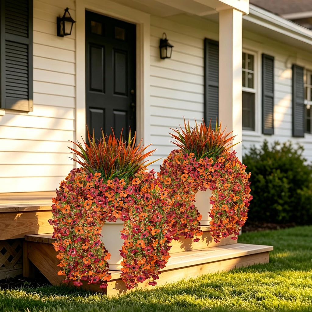 artificial fall hanging flowers for outdoor, five-petaled faux, front angle view