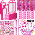 CHSLtmxq 122 PCS Pink Party Favors, Toy Goodie Bag Stuffers, Princess Set | 122pcs pink toy party favors and goodie bag stuffers with gift boxes, glasses, bracelets, straws, wands, and stickers.