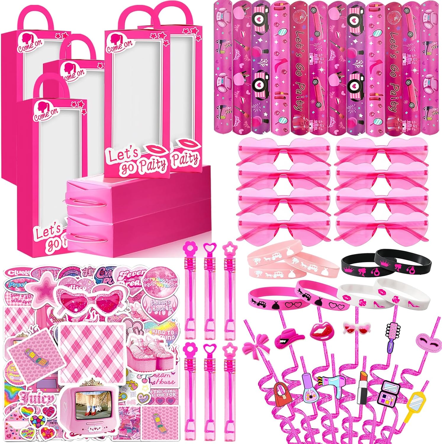 CHSLtmxq 122 PCS Pink Party Favors, Toy Goodie Bag Stuffers, Princess Set | 122pcs pink toy party favors and goodie bag stuffers with gift boxes, glasses, bracelets, straws, wands, and stickers.