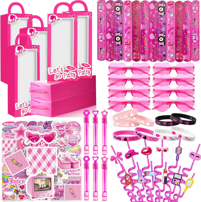 CHSLtmxq 122 PCS Pink Party Favors, Toy Goodie Bag Stuffers, Princess Set | 122pcs pink toy party favors and goodie bag stuffers with gift boxes, glasses, bracelets, straws, wands, and stickers.