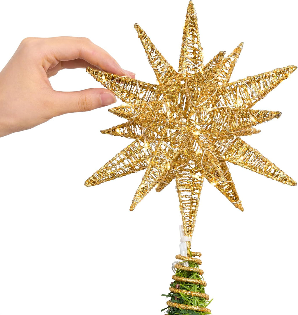 JOIEDOMI 7.8" Metal 3D Star Christmas Tree Topper Golden Glitter Decorations with 56 LED Warm White with Plug Timer Ornaments Treetop Home Holiday Party Indoor Decor