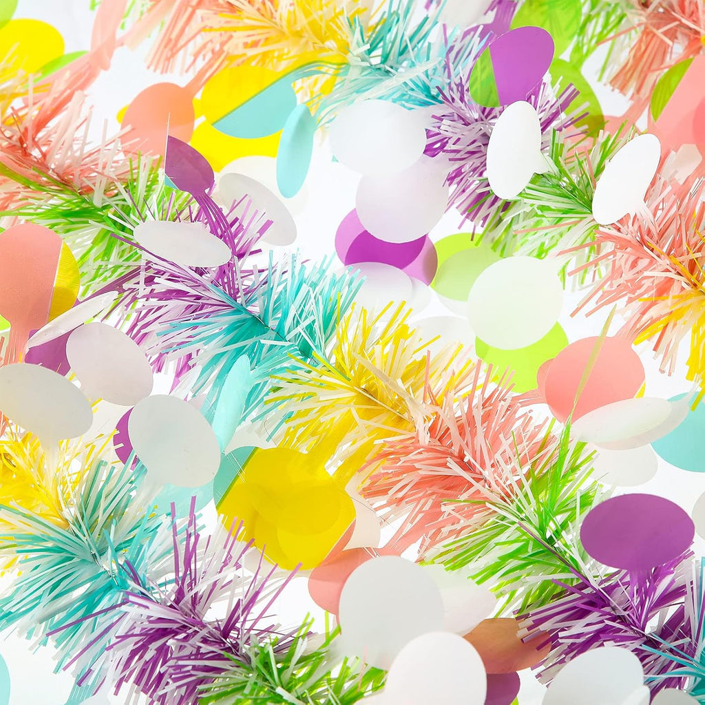 WILLBOND 32.8ft Spring Colorful Tinsel Garland Decor Extra Wide 4" Pastel Garland with Confetti Summer Metallic Twist Hanging Decor for Tree Festival Birthday Party Indoor Outdoor Classroom