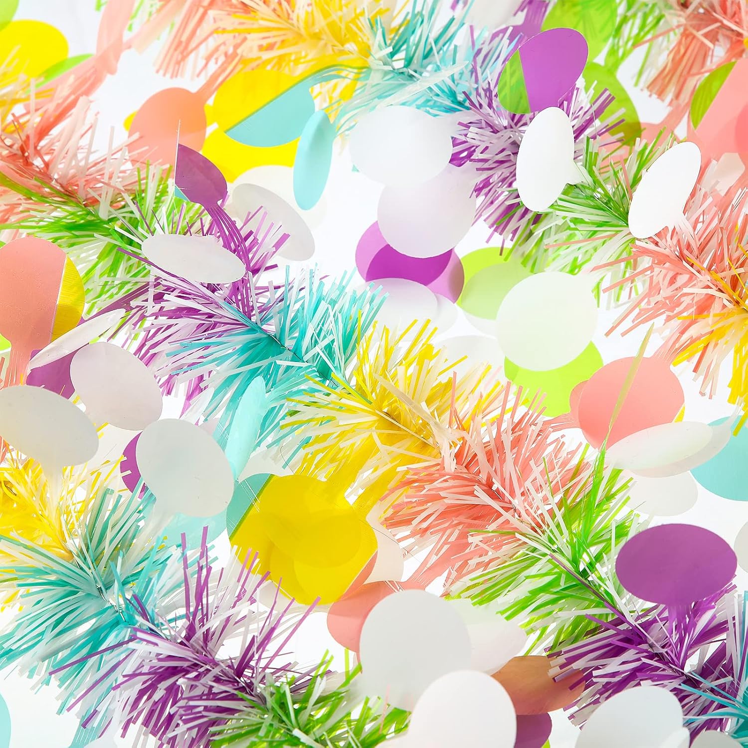 WILLBOND 32.8ft Spring Colorful Tinsel Garland Decor Extra Wide 4" Pastel Garland with Confetti Summer Metallic Twist Hanging Decor for Tree Festival Birthday Party Indoor Outdoor Classroom