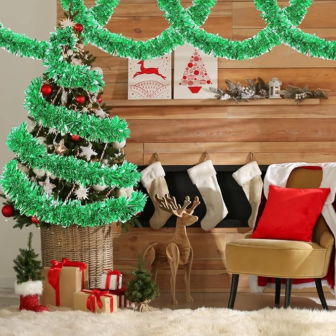 72 Feet Christmas Tinsel Garland Shiny Metallic Tinsel Twist Garland Streamers Ornaments Long Glitter Christmas Tree Hanging Decorations for Party Holiday Wedding Birthday Tree Wall Rail (Green)