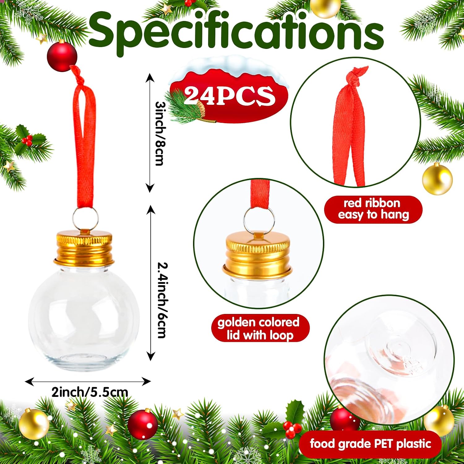 FOIMAS 24pcs Christmas Booze Balls,Christmas Fillable Booze Ball Tree Hanging Ornaments Clear Plastic Booze Pendant Ball for Chrismas Party Home Decoration