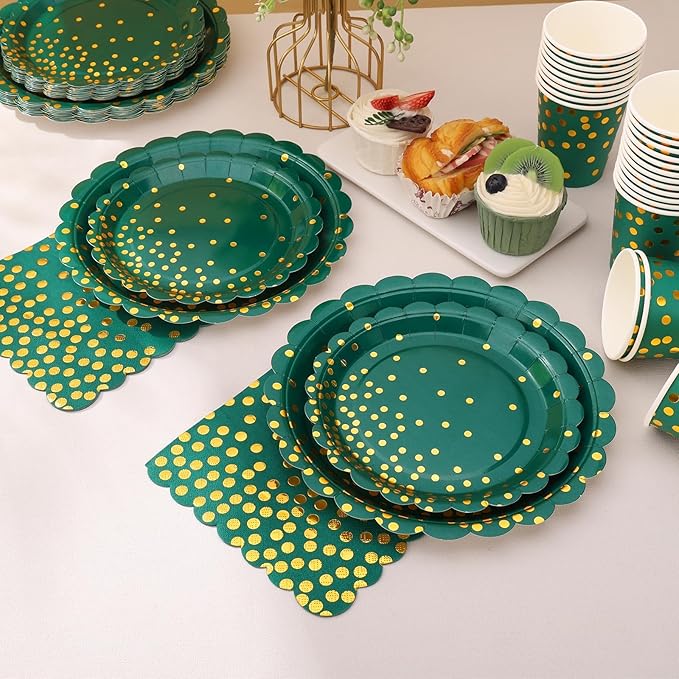175Pcs Green and Gold Party Decoration - Green Plates and Napkins Party Supplies - Scalloped Paper Plates for Birthday Graduation Decorations, Serve 25 Guests