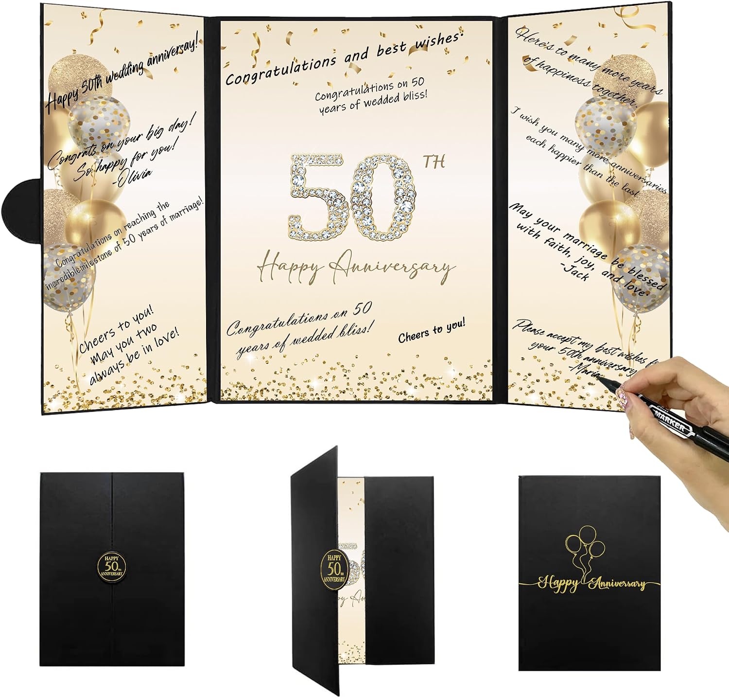 DARUNAXY Black Gold 50th Anniversary Party Decorations, Happy 50th Anniversary Alternative Signature Guest Book for Parents Cheers to 50 Years Gifts 50 Anniversary Signing Card Board Party Supplies