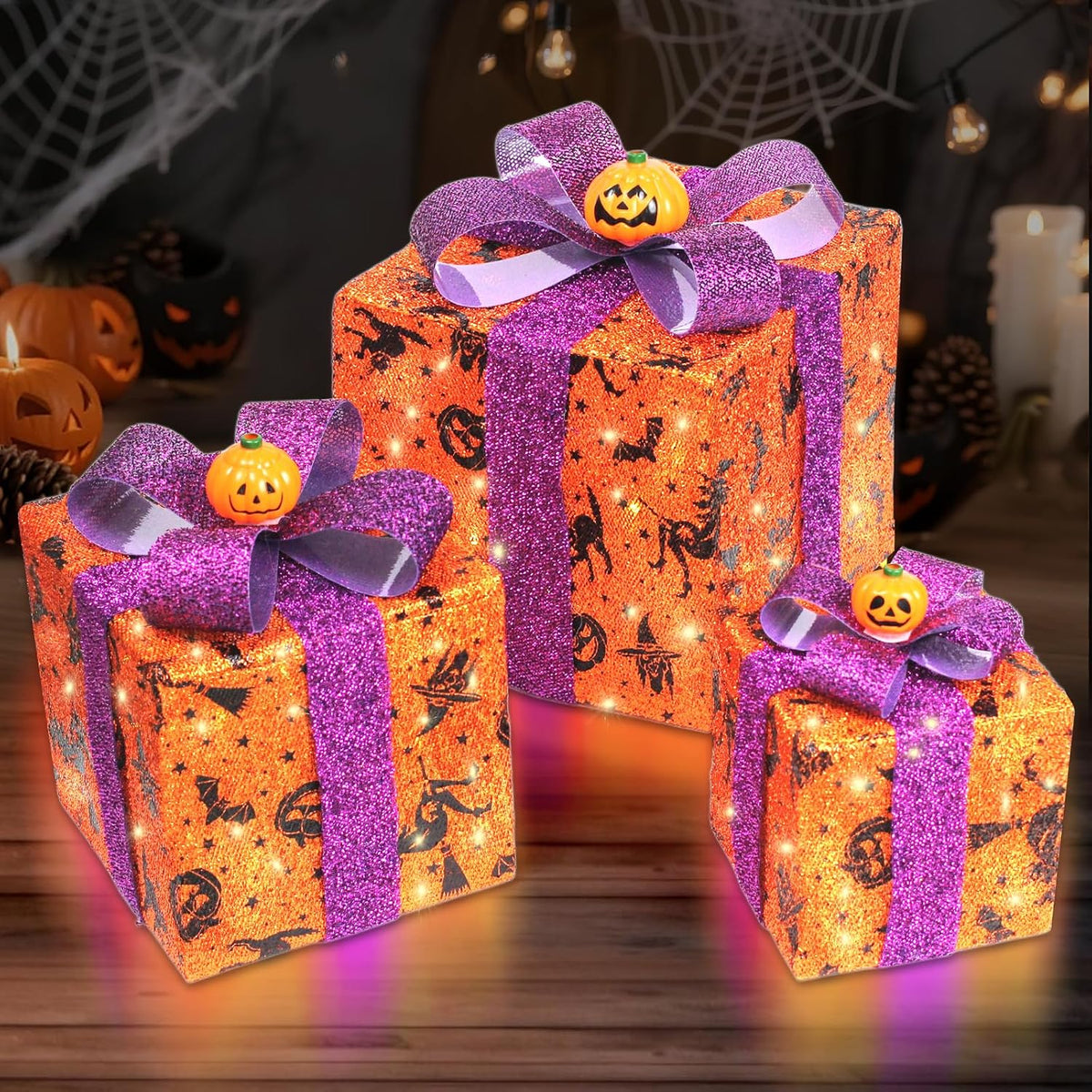 3 pieces lighted boxes halloween decorations, lighted gift, main product view