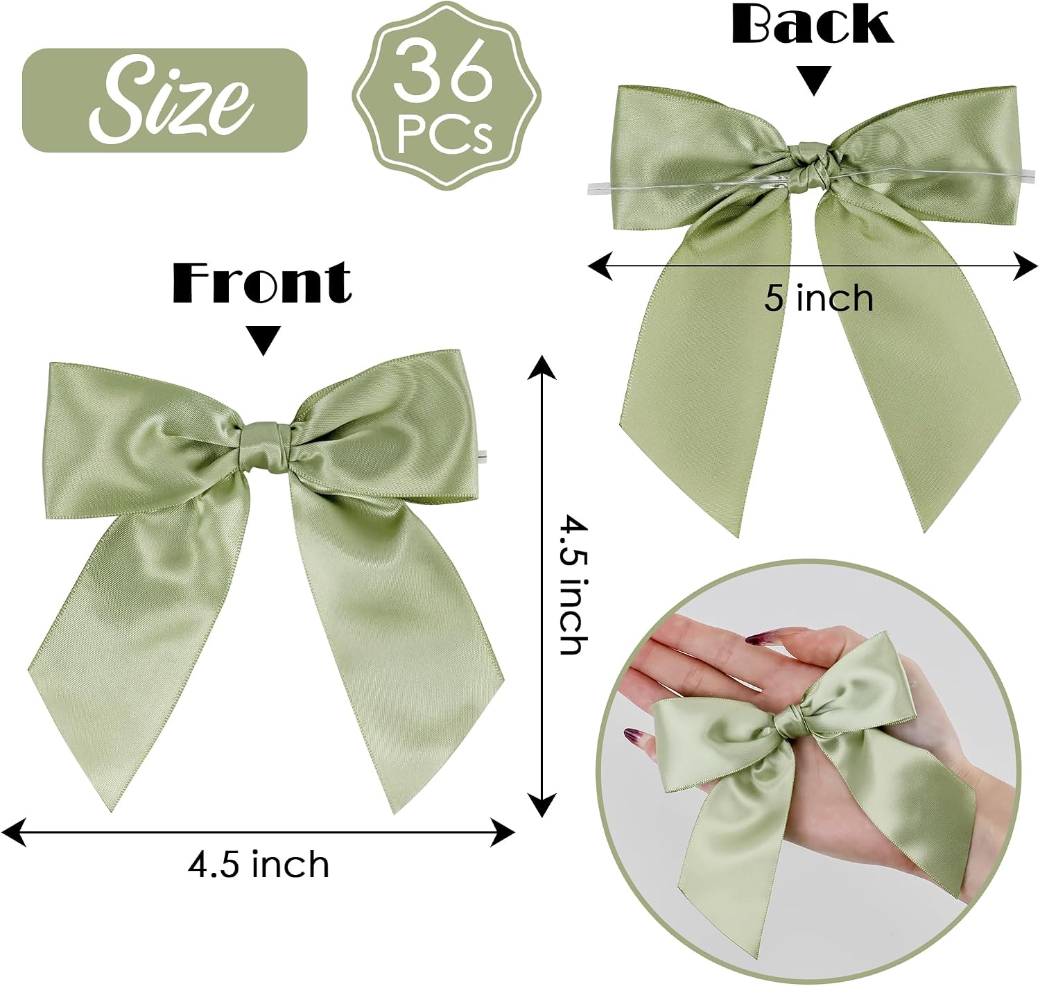 AIMUDI Sage Green Bows - 4.5" Pre-Tied Ribbon Bows for Wedding, Baby Shower, Bridal Shower & Party Favor - 36 PCs