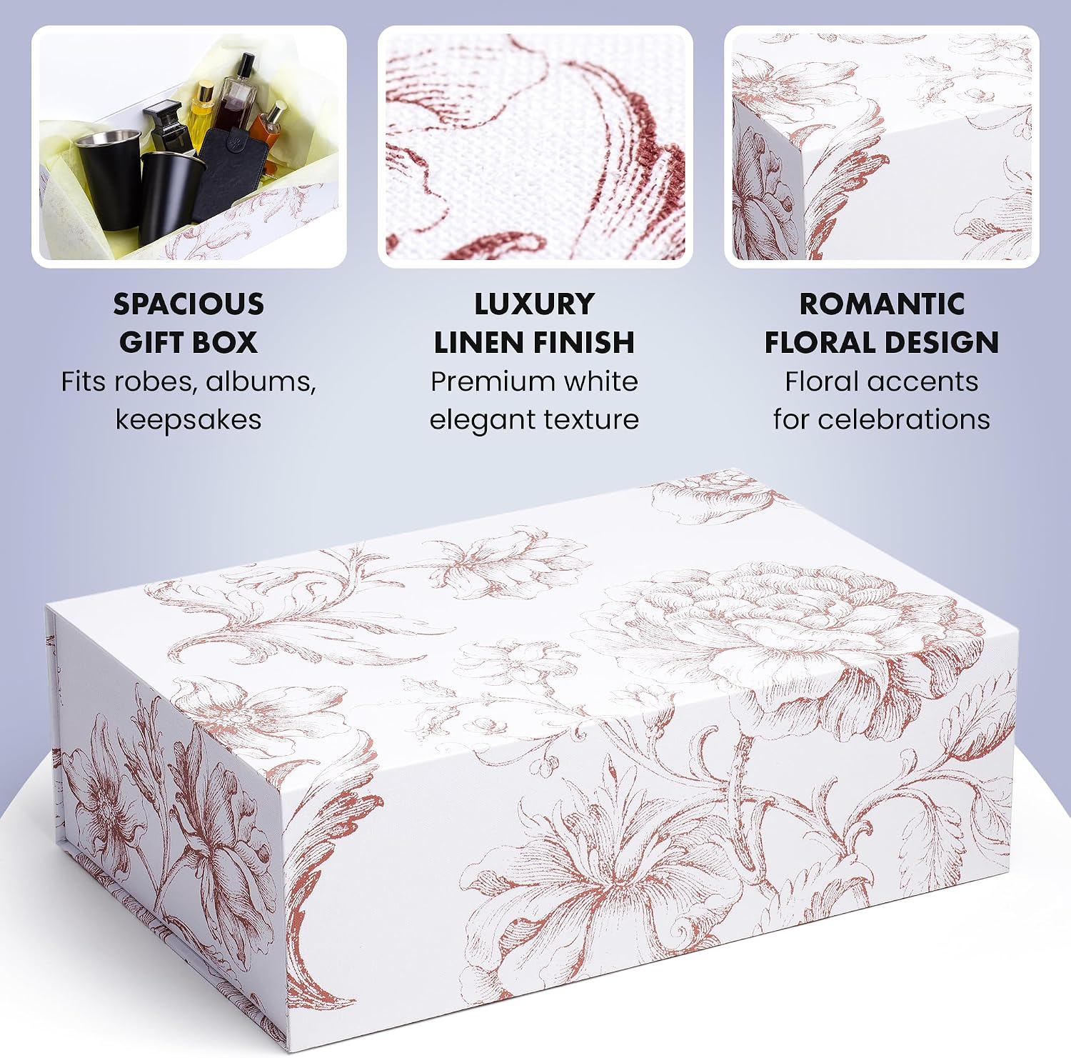 Sorarto Luxury Keepsake Gift Box | Pink Rose Floral Decorative Boxes with Magnetic Lids for Presents, Wedding Memory Box, and Bridal Gifts. 13.5" x 9" x 4.3"