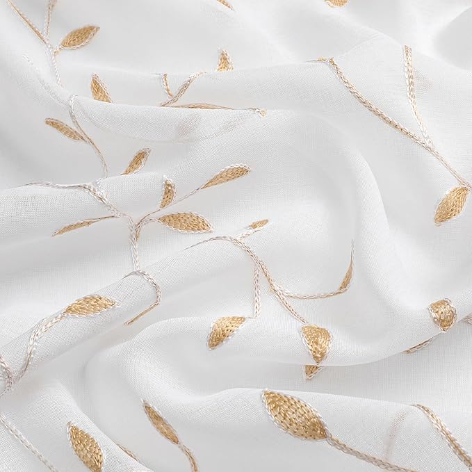 VISIONTEX White Sheer Voile Curtains, Decorative Orange Leaves Embroidery Faux Linen Rod Pocket Window Drapes for Home Kitchen, Living Room and Bedroom 54 x 54 Inch, Set of 2 Curtain Panels