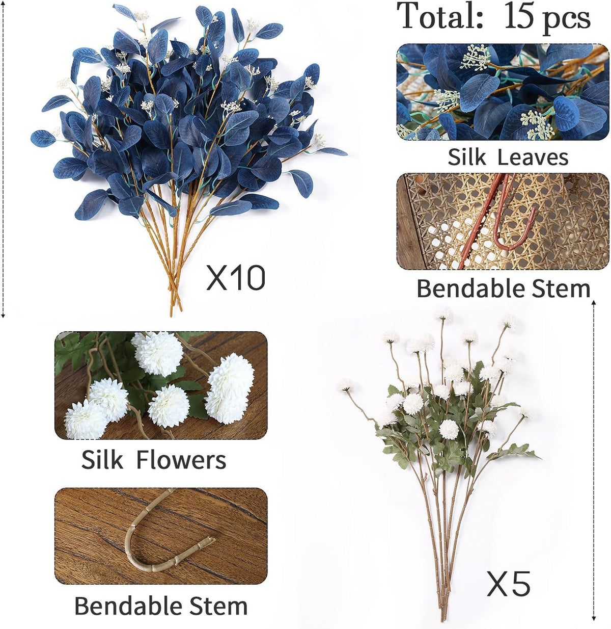 mizii 15pcs artificial flowers for vase, blue eucalyptus shown in use