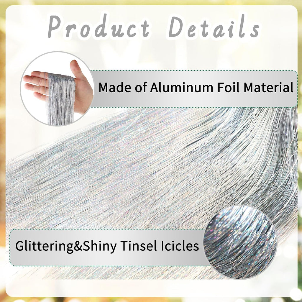 2000 Strands Glittering Silver Christmas Tinsel Icicles 19.7" Iridescent Hanging Foil Icicle for Xmas Tree Wedding Home and Party Decoration