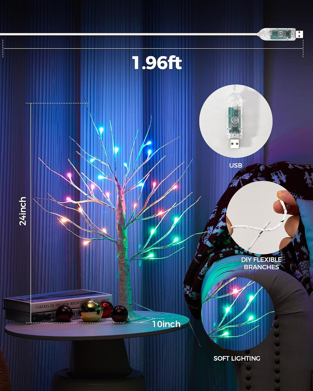 ariceleo 2ft lighted birch tree with rgb led on a desk or shelf