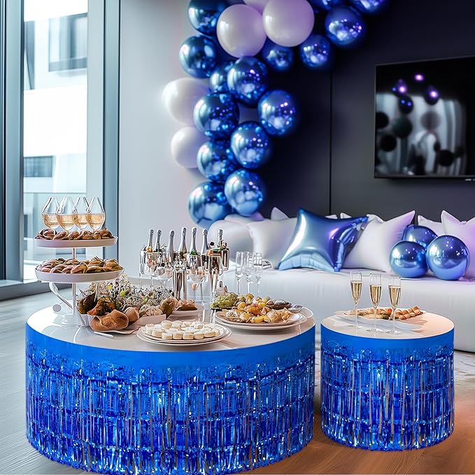 2 Pack Dark Blue Table Skirts, 29x108" Metallic Foil Tinsel Fringe Table Skirts for Rectangle Tables Streamer Curtains Backdrop, Party Decorations for Birthdays Weddings Holidays