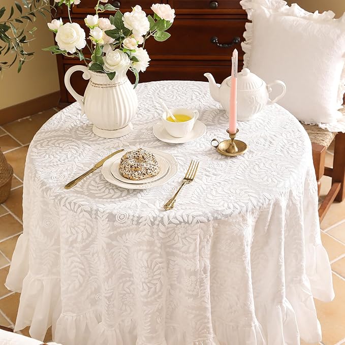 patdrea Vintage Ruffle Tablecloth for Round Tables,Farmhouse Embroidered Cotton White Lace Table Cloth Cover Decor for Dining Room Wedding Banquet Thanksgiving Christmas,Dimaeter 59"