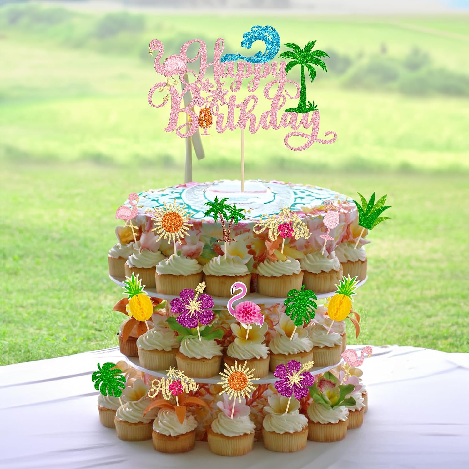 Ephlyn 33Pcs Summer Beach Happy Birthday Cake Topper Tropical Cupcake Toppers Flamingo Flower Palm Tree Cake Decorations for Summer Hawaiian Birthday Party Supplies Pink Multicolor