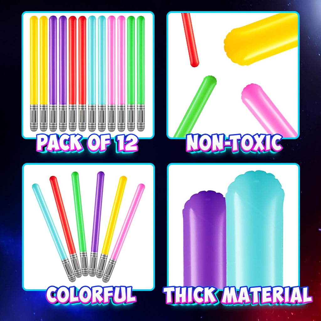 Bedwina Inflatable Saber Swords for Kids - (Pack of 12) 35-inch Neon Color Blow-Up Toy Saber Swords, Party Favors, Goodie Bags, Star Galaxy Theme Birthdays & Prize Toys