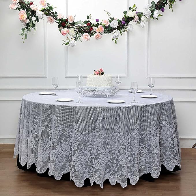 Tableclothsfactory 120" White Premium Lace Round Tablecloth for Banquet Party Wedding Event Home Decor